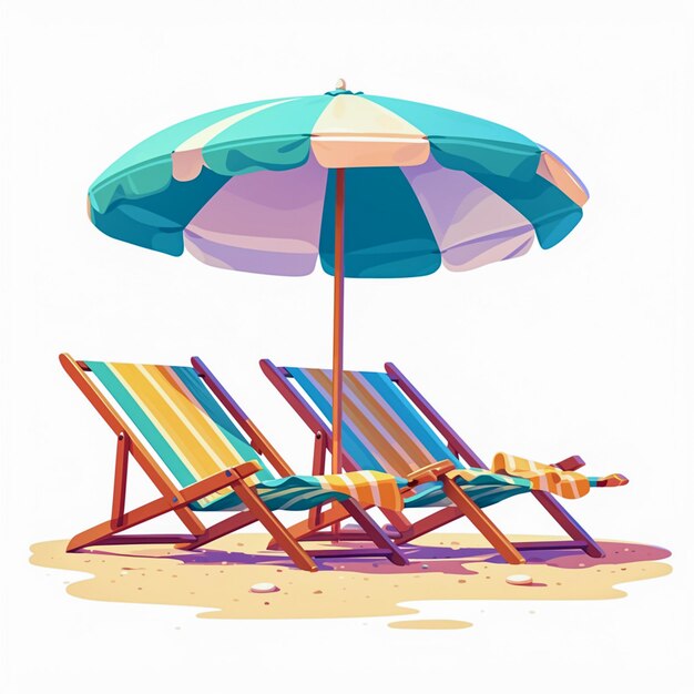 a painting of beach chairs with a rainbow striped beach towel