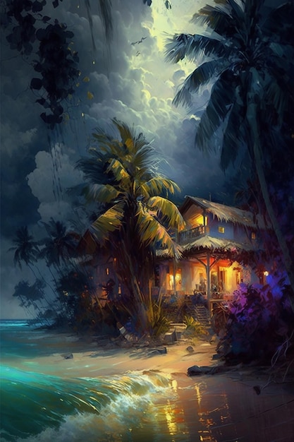 A painting of a beach house at night with a moon in the background.