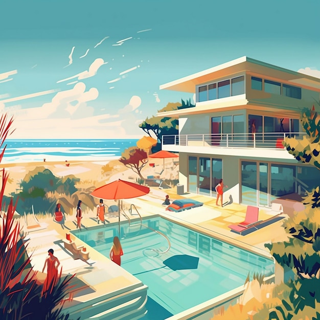 a painting of a beach house with a pool and a beach scene.