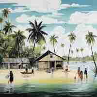 Photo a painting of a beach hut with palm trees in the background