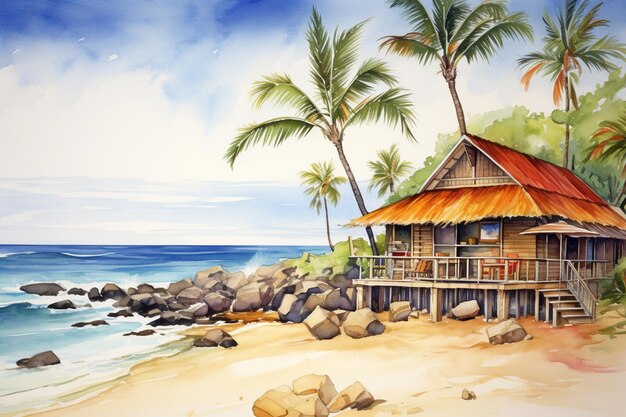 Painting of a beach hut with a thatched roof and palm trees generative ai