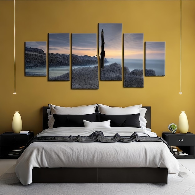 A painting of a beach scene hangs on a yellow wall.