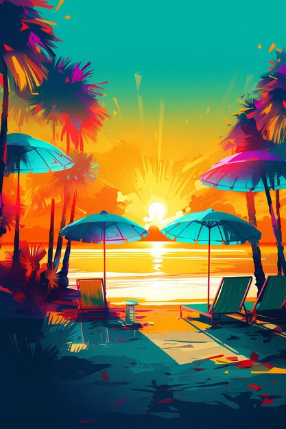 A painting of a beach scene with a beach chair and umbrella Generative AI