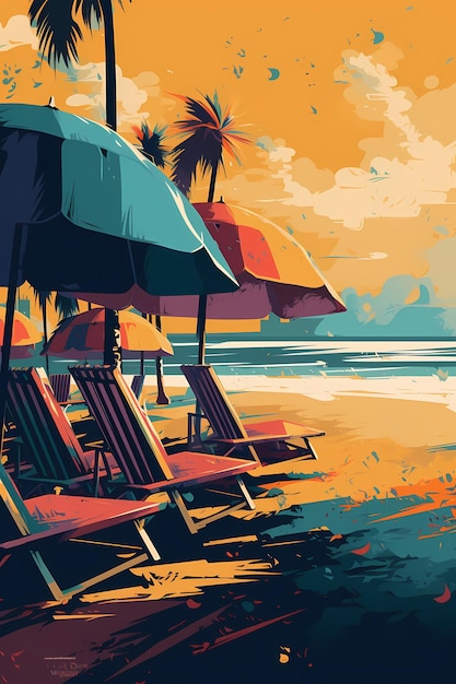 A painting of a beach scene with a beach chair and umbrella Generative AI