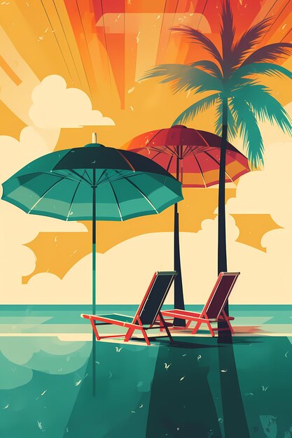 A painting of a beach scene with a beach chair and umbrella Generative AI