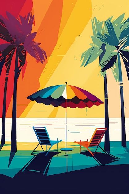 A painting of a beach scene with a beach chair and umbrella Generative AI