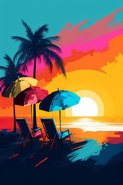 A painting of a beach scene with a beach chair and umbrella Generative AI