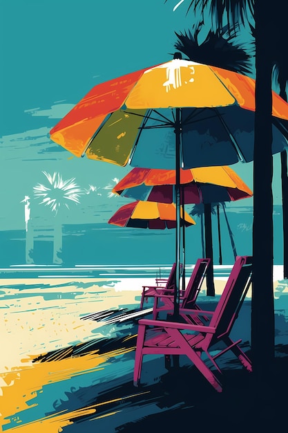 A painting of a beach scene with a beach chair and umbrella Generative AI