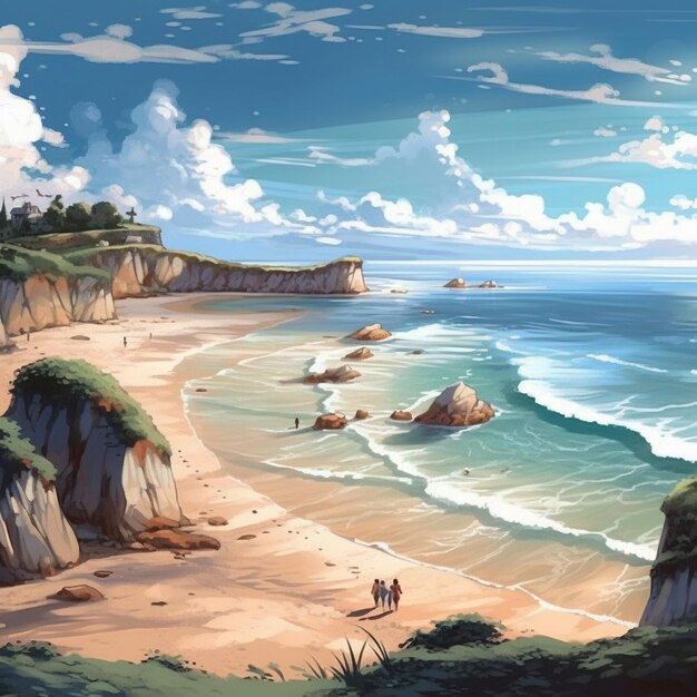 A painting of a beach scene with a beach scene and the ocean in the background