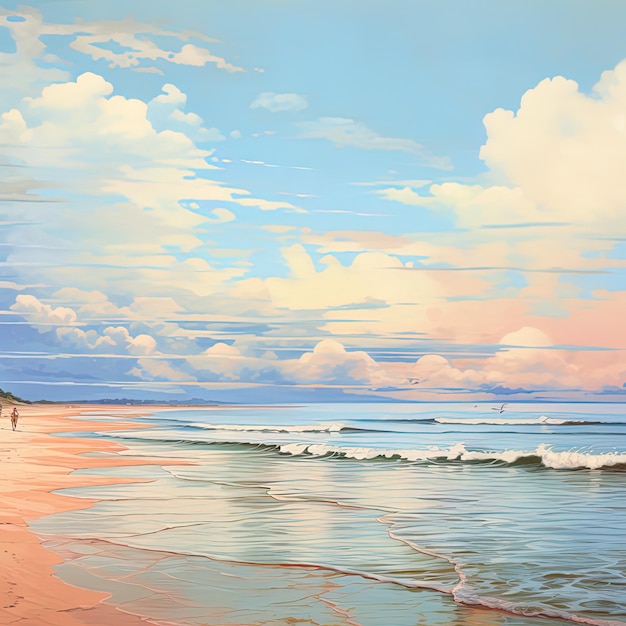 a painting of a beach scene with a beach scene and a surfer walking on the sand