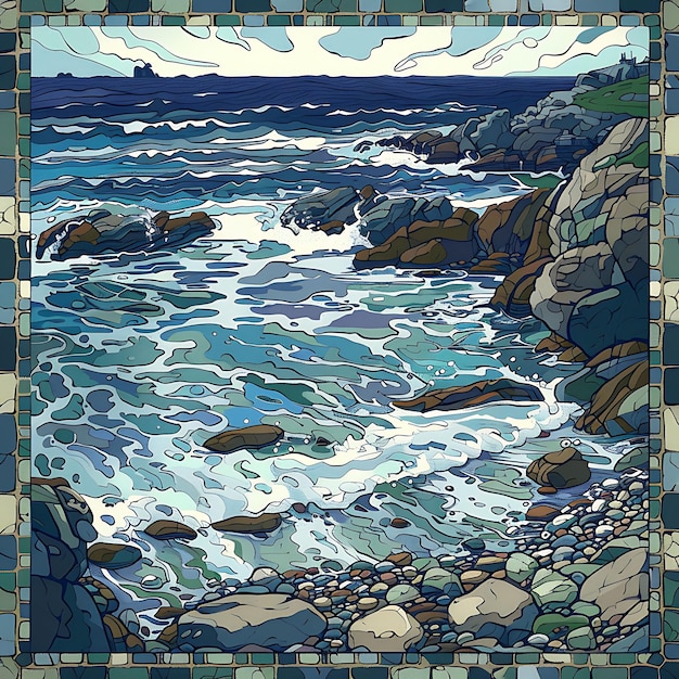 a painting of a beach scene with a blue and green mosaic