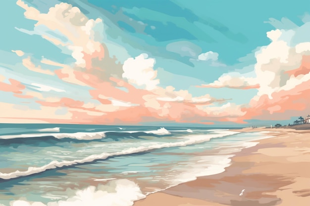 painting of a beach scene with a blue sky and a few clouds generative ai