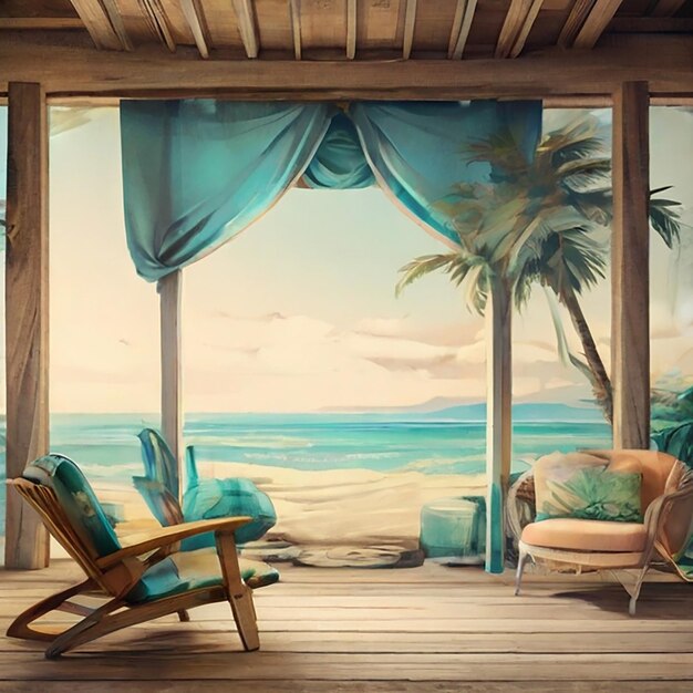 a painting of a beach scene with a chair and a chair