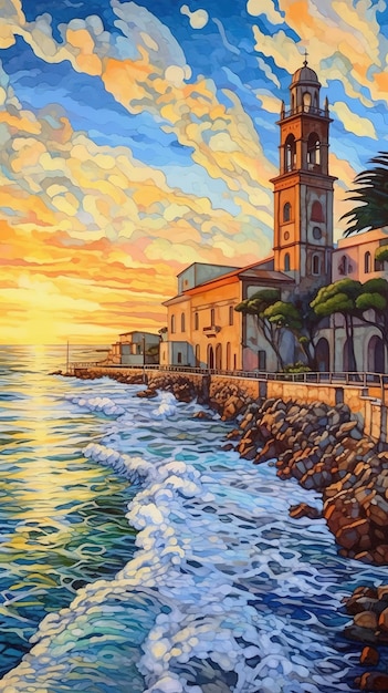 A painting of a beach scene with a church in the foreground and the sea in the background.