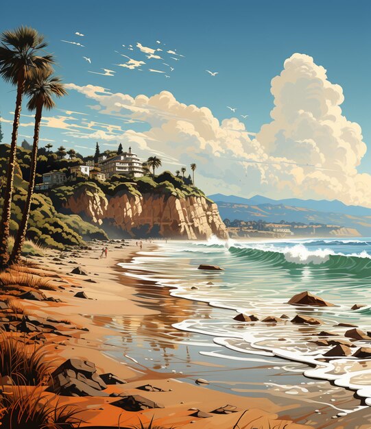 Photo painting of a beach scene with a cliff and palm trees generative ai