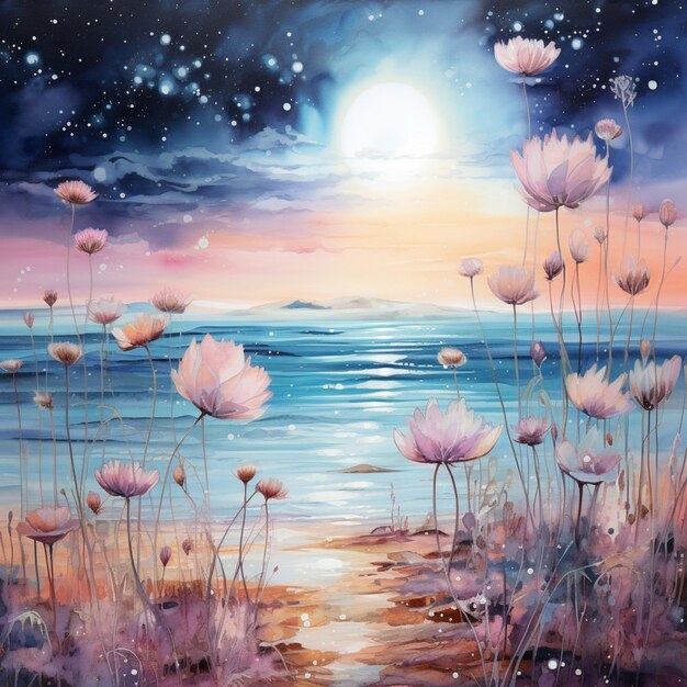 Foto pittura di una scena sulla spiaggia con fiori e una luna piena generativa ai