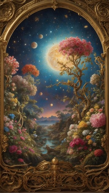 Photo a painting of a beach scene with flowers and the moon