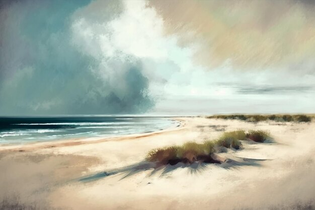 Картина пляжной сцены с большой волной, приходящей в генеративном аи