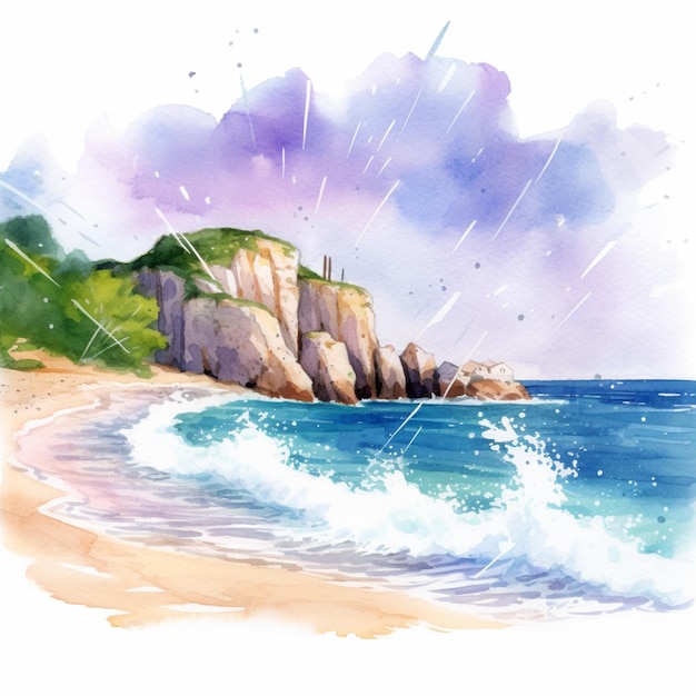 Foto pittura di una scena sulla spiaggia con un faro e un'ai generatrice di onde