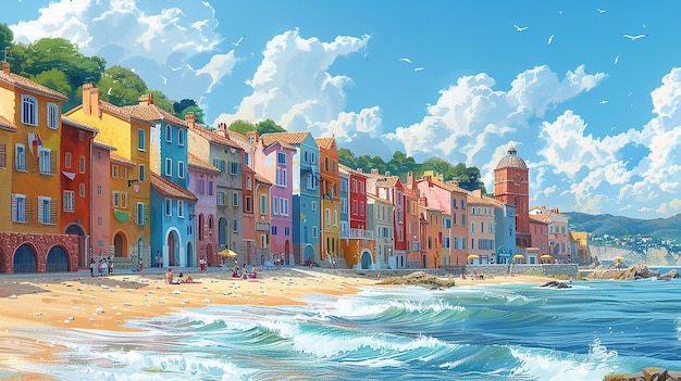 Photo a painting of a beach scene with the ocean and houses