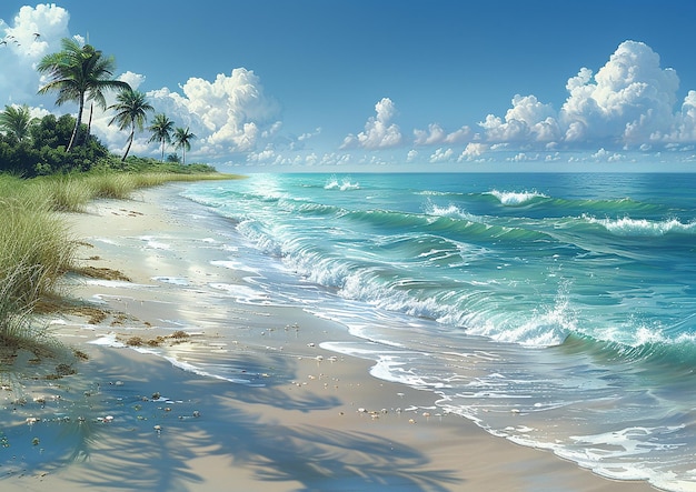 a painting of a beach scene with the ocean and palm trees