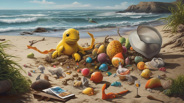 Картина с изображением сцены на пляже с осьминогом и яйцами.