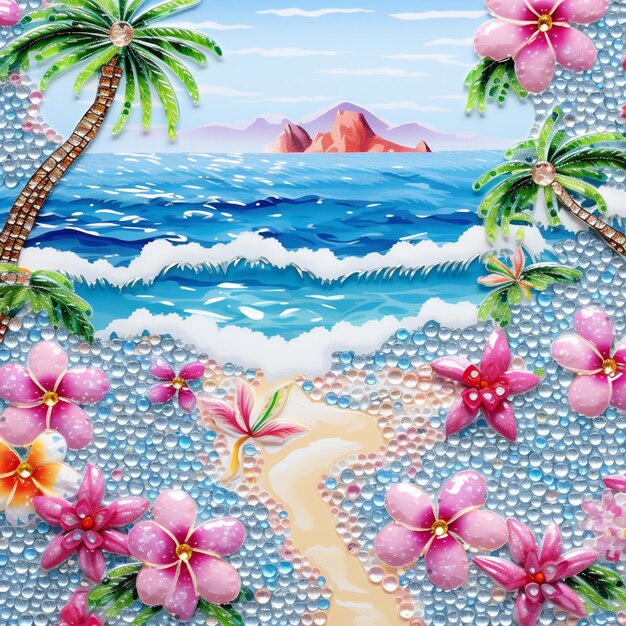 painting of a beach scene with a palm tree and a beach generative ai