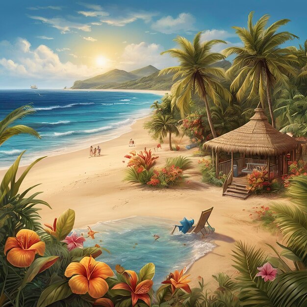 a painting of a beach scene with a palm tree and a beach scene