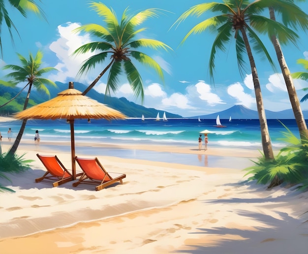 Foto un dipinto di una scena sulla spiaggia con palme e un ombrello da spiaggia