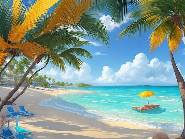 a painting of a beach scene with palm trees and a boat on the water