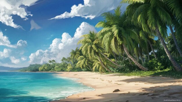 Photo a painting of a beach scene with palm trees and the ocean in the background