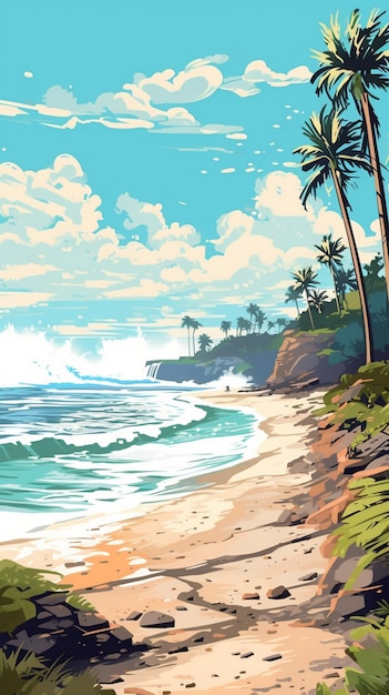 a painting of a beach scene with palm trees and ocean waves.