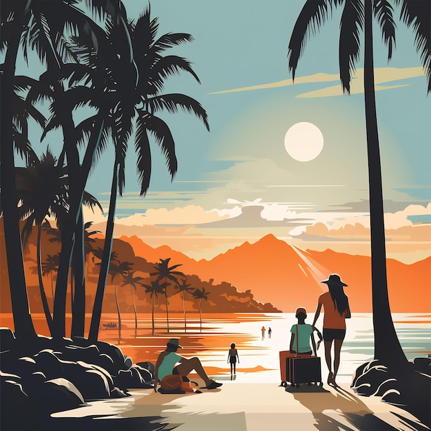 картина, изображающая пляжную сцену с пальмами и людьми, сидящими на пляже