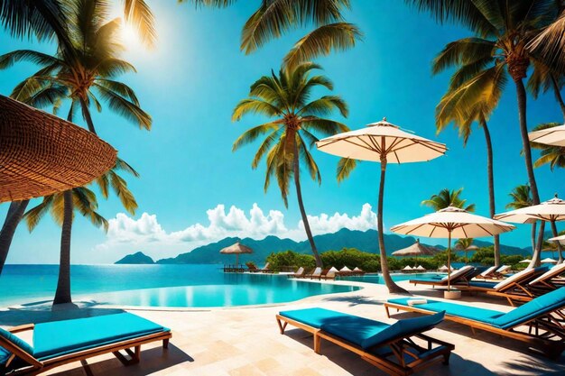 Photo a painting of a beach scene with palm trees and a pool with a view of mountains