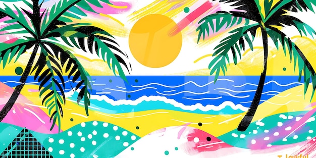 a painting of a beach scene with palm trees and the sun in the background