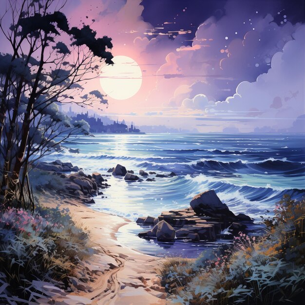 Painting of a beach scene with a path leading to the ocean generative ai