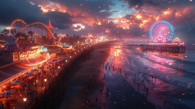 Foto un dipinto di una scena sulla spiaggia con persone sulla spiaggia e una città sullo sfondo