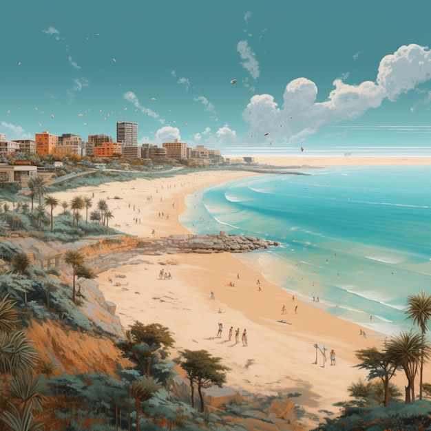 Painting of a beach scene with people walking on the sand generative ai