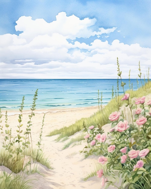 painting of a beach scene with pink flowers and a path leading to the ocean generative ai