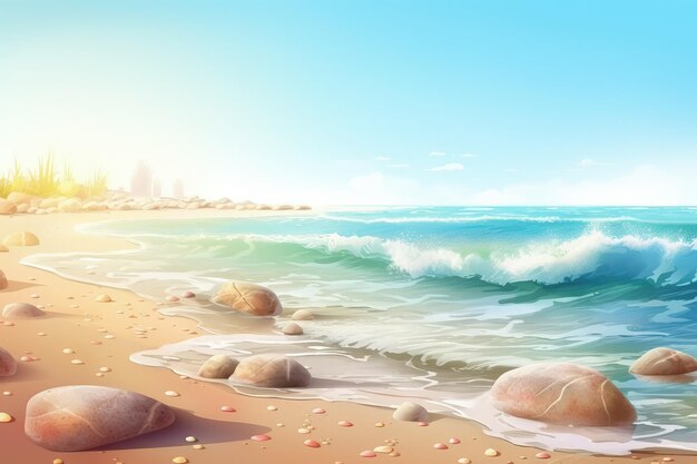 A painting of a beach scene with rocks and waves generative AI