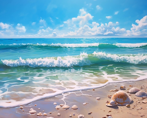 painting of a beach scene with shells and waves generative ai