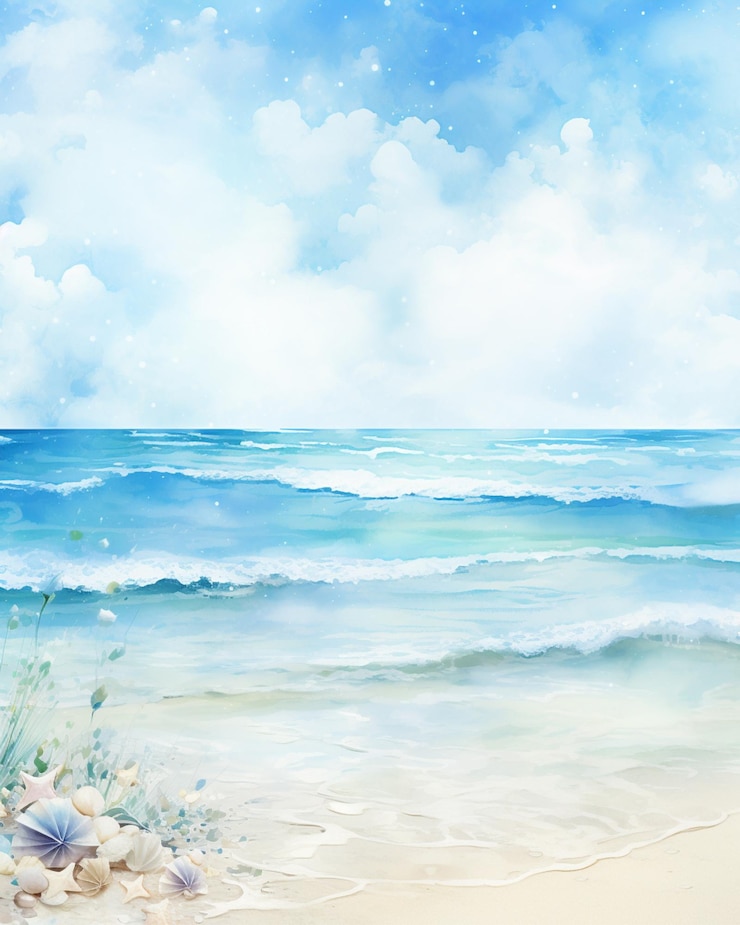 Photo painting of a beach scene with a starfish and shells generative ai