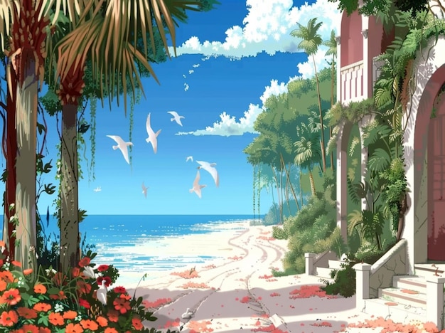 a painting of a beach scene with a view of the ocean and a beach scene