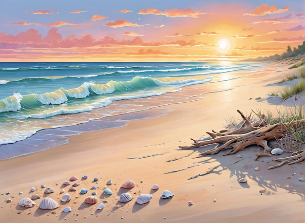 a painting of a beach scene