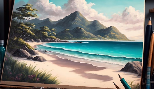 Painting of beach see mountain background image AI generated art