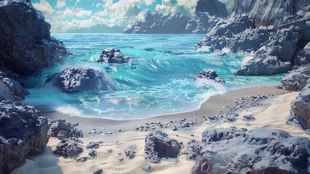 a painting of a beach with a beach and rocks in the water