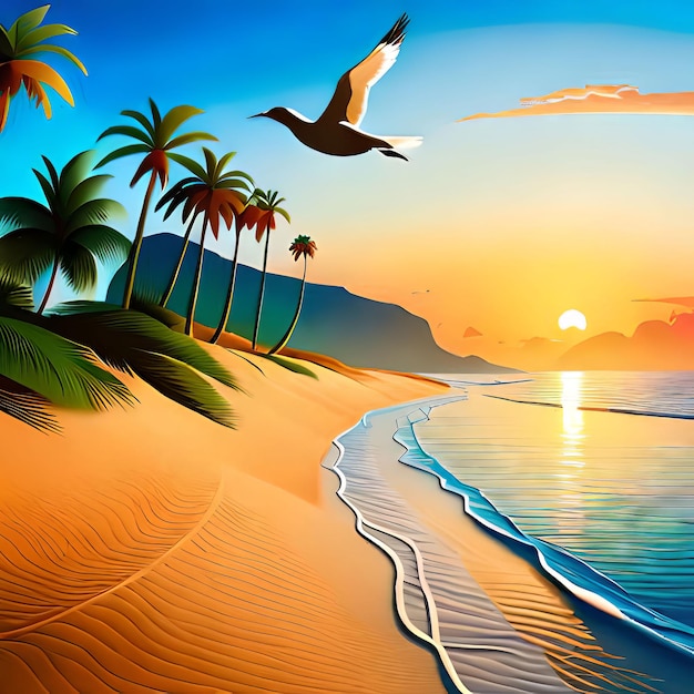 A painting of a beach with a bird flying over it.