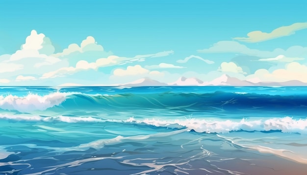 A painting of a beach with a blue ocean and a blue sky.