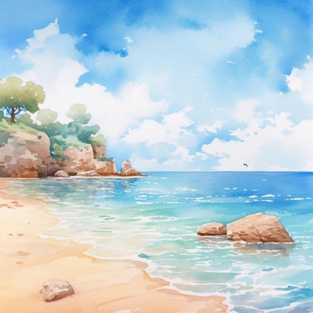 A painting of a beach with a blue sky and clouds.