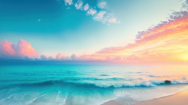 A painting of a beach with a blue sky and clouds.